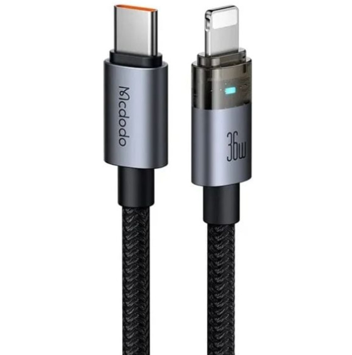 Кабель McDodo 36W USB-C to Lightning Transparent Cable with Charging Light 1.2m CA-6940 Black