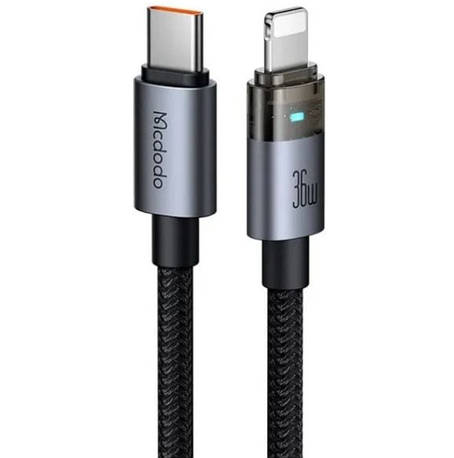 Кабель McDodo 36W USB-C to Lightning Transparent Cable with Charging Light 1.2m CA-6940 Black, фото 1