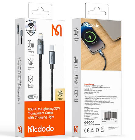 Кабель McDodo 36W USB-C to Lightning Transparent Cable with Charging Light 1.2m CA-6940 Black, фото 2