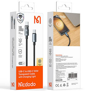 Кабель McDodo 100W USB-C to USB-C Transparent Cable with Charging Light 1.2m CA-5580 Black, фото 2
