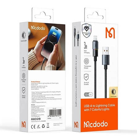 Кабель McDodo USB-A to Lightning Cable with 7 Colorful Lights 1.2m CA-8170 Black, фото 2
