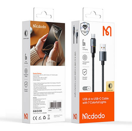 Кабель McDodo USB-A to USB-C Cable with 7 Colorful Lights 1.2m CA-8180 Black, фото 2