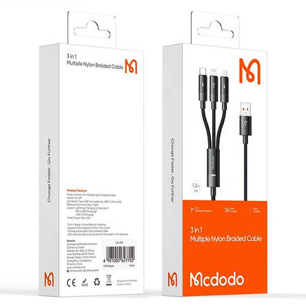 Кабель McDodo 3 in 1 USB-A to USB-C+Lightning+Micro USB Data Cable 1.2M CA-5790 Black, фото 2