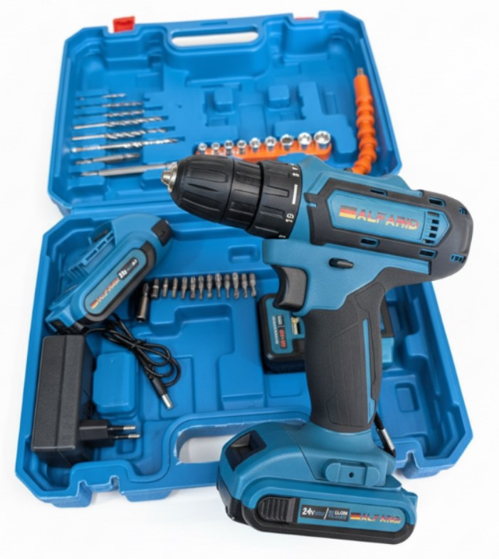 Шуруповерт-дриль акумуляторний Alfarid 24V 5A/h Li-Ion в кейсі, фото 1