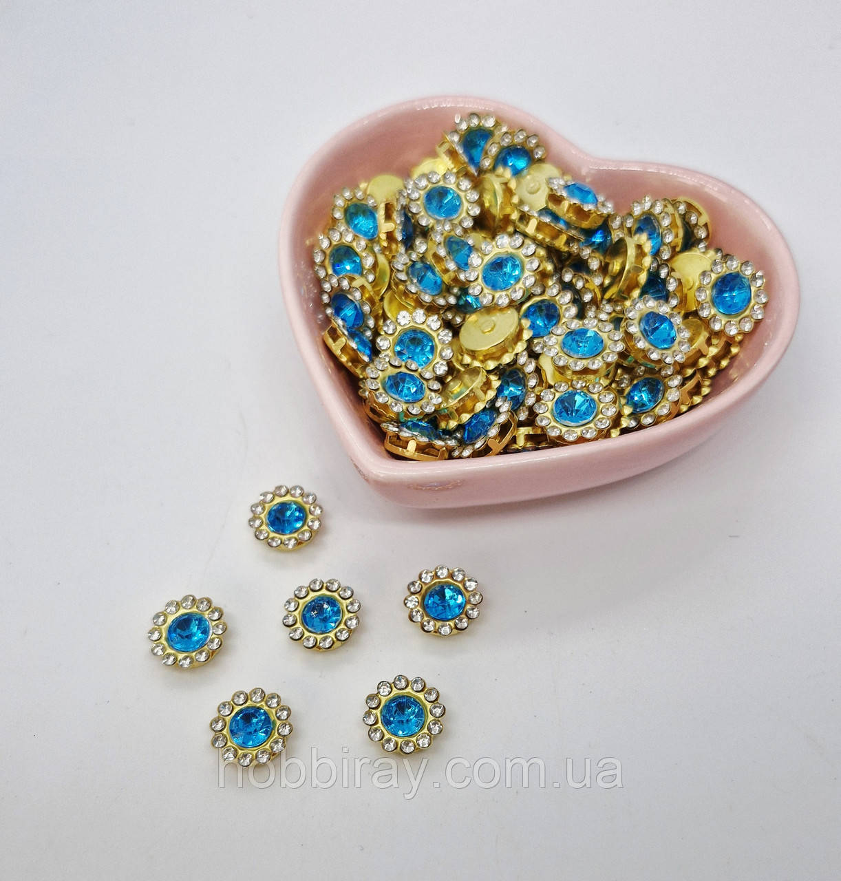 Стразовий декор. 1,1см. Скло, метал. Пришивні. 1шт. Колір блакитний., фото 1