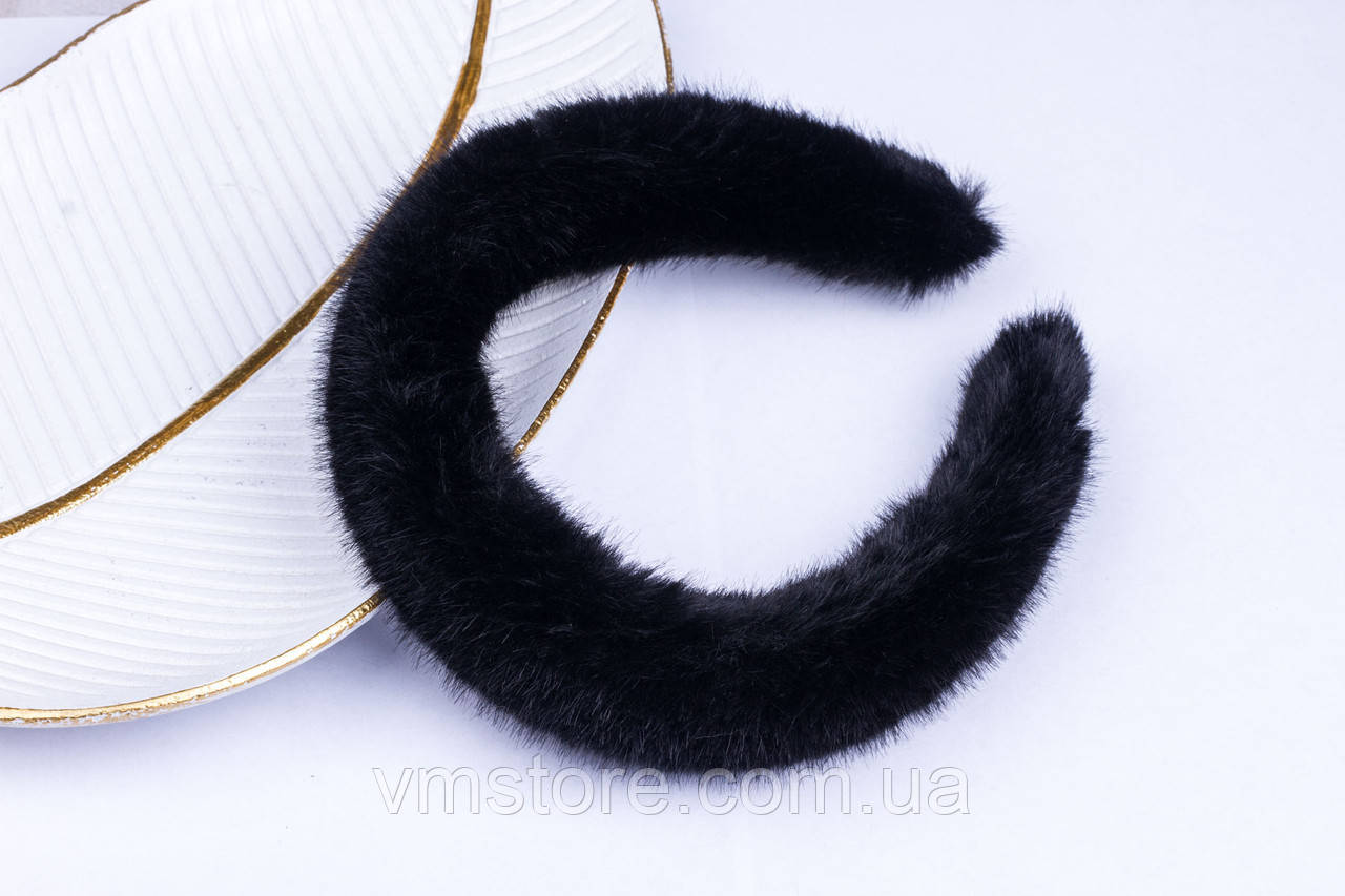 Обруч хутряний для волосся, чорний однотонний обідок, фото 1