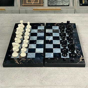 Шахи та нарди 3в1 зі скляним полем та мармуровим дизайном, арт 270055