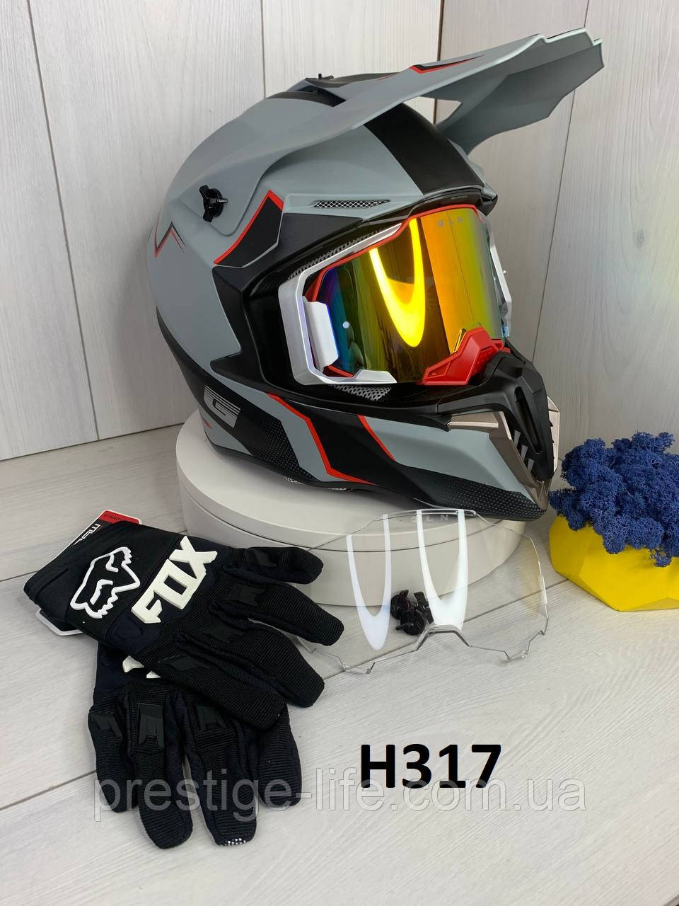 Мотошолом ендуро H317S для мотокросса та квадроцикла + КОМПЛЕКТ: окуляри 100% та рукавиці FOX, фото 1