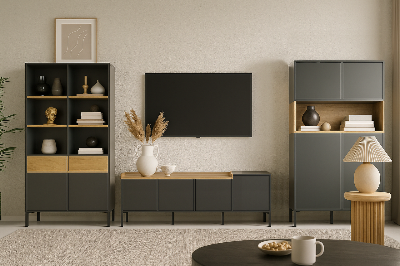Сучасна сіра модульна стінка під телевізор з книжковою шафою на ніжках у вітальню зал Беріл ВМВ Холдинг