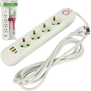 Мережевий подовжувач переноска електрична 3 метри 4 розетки + 2 USB + 1 Type-C із заземленням і вимикачем