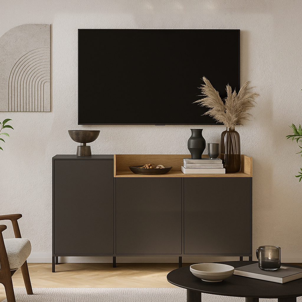 Великий сірий комод з дверцятами без ручок на ніжках у стилі модерн у вітальню зал 155 см ЛДСП Beril VMV Holding, фото 1