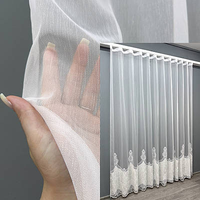 Готова тюль (3х2,7м.) з тканини бамбук з вишивкою і оксамитом. Колір білий. Код 1814т 40-115