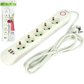 Мережевий подовжувач переноска електрична 3 метри 5 розеток + 2 USB + 1 Type-C із заземленням і вимикачем