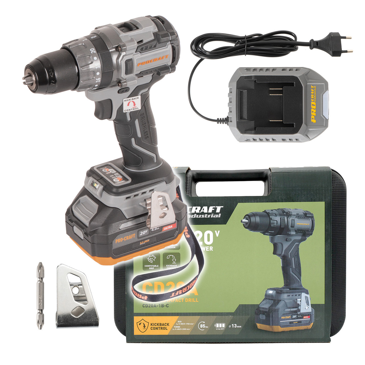 Акумуляторний шуруповерт Procraft Industrial CD20A (20В 4Ач Зп) кейс, фото 1