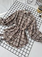 Женская рубашка в клетку с поясом, рубашка женская фланелевая демисезонная, рубашка женская бежевая или серая