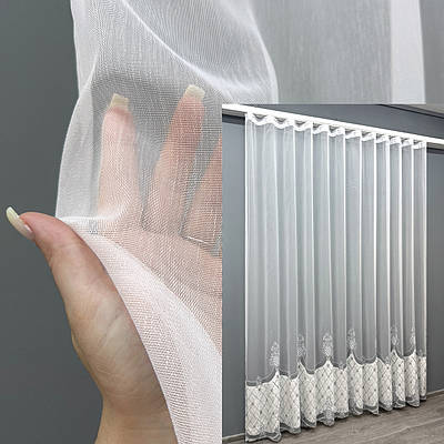 Тюль бамбук з вишивкою і оксамитом. Колір білий з сірим. Код 1811т