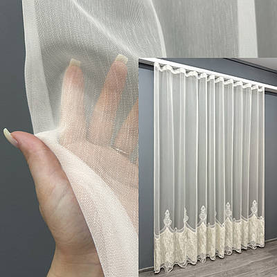 Тюль бамбук з вишивкою і оксамитом. Колір айворі. Код 1812т