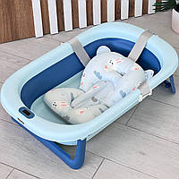 Силіконова розкладна ванночка для купання немовлят Bimbo (блакитна) термометр та матрацик