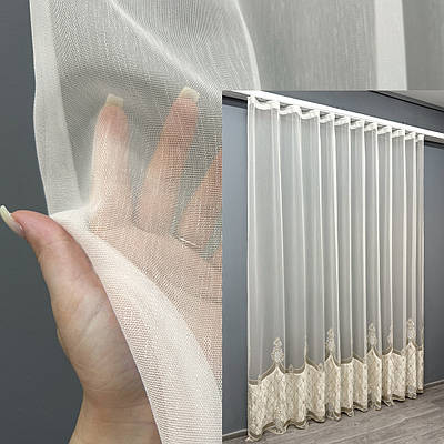 Тюль бамбук з вишивкою і оксамитом. Колір айворі з бежевим. Код 1813т