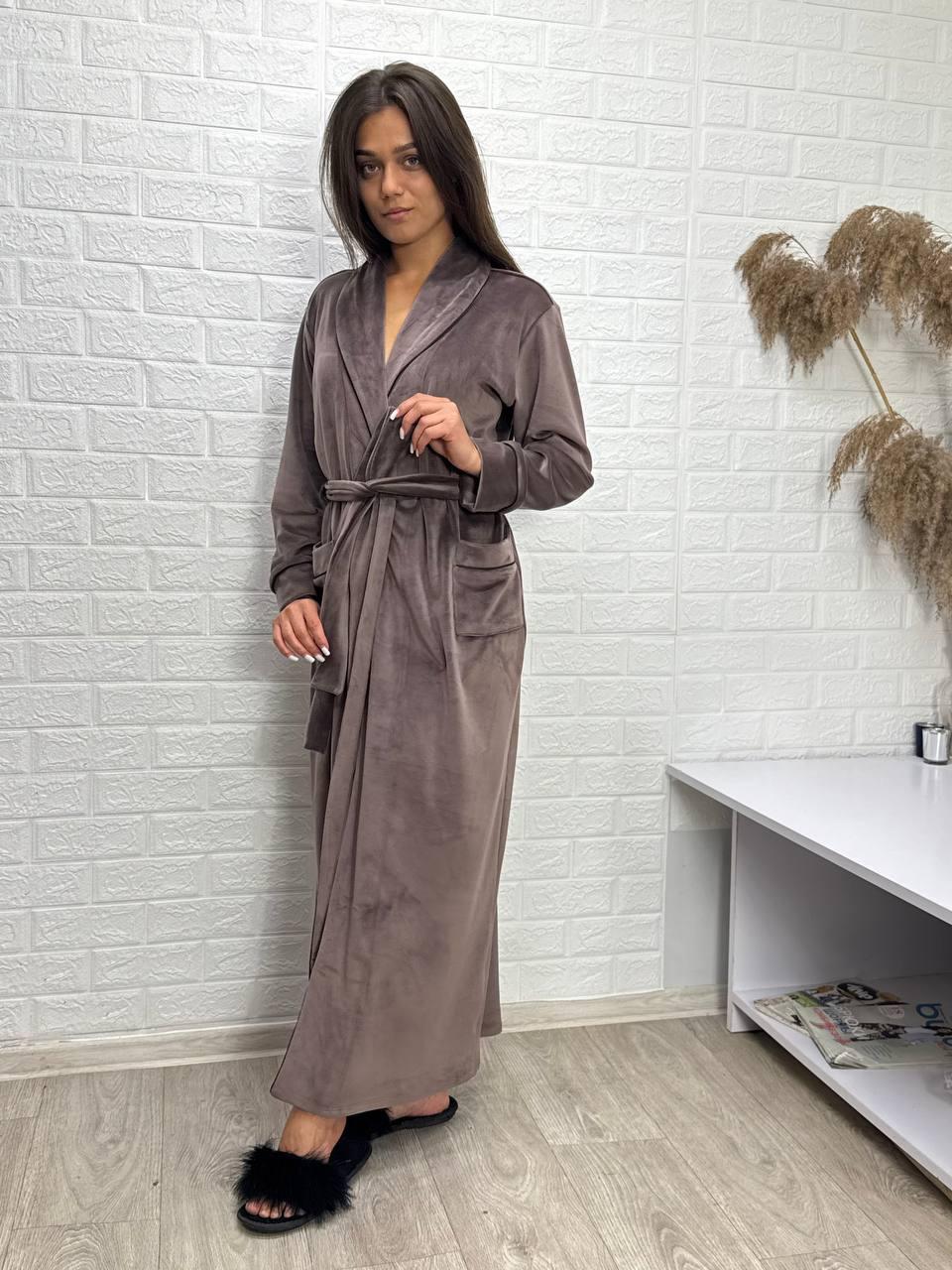 Довгий велюровий халат на запах з шалевим комірцем, фото 1