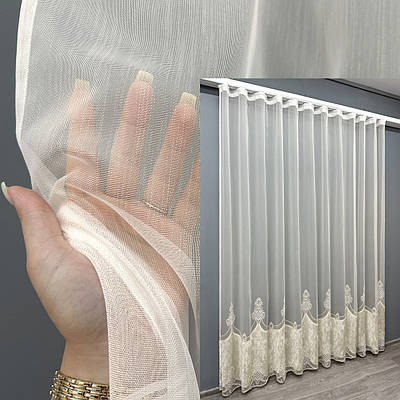 Тюль бамбук з вишивкою і оксамитом. Колір молочний. Код 1815т