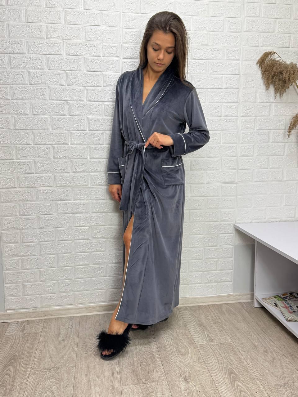 Довгий велюровий халат на запах з шалевим комірцем, фото 1