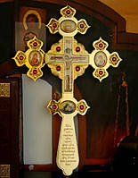 Крест напрестольный AGIOS AFON позолоченный с красными камнями греческий для священника код 15-012