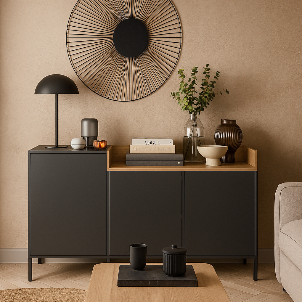 Сучасний високий довгий комод з розпашними дверцятами і полицями на ніжках у вітальню 155 см Беріл ВМВ Холдинг