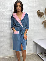 Халат жіночий велюр на запах з капюшоном колір морська хвиля