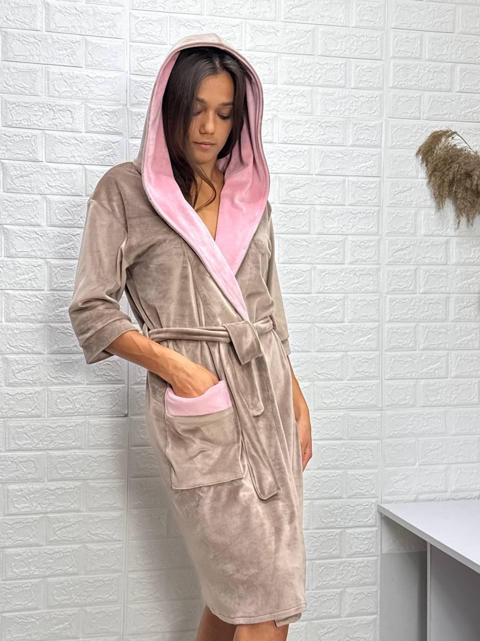 Халат велюровий жіночий на запах з капюшоном ліловий т.м lekol, фото 1