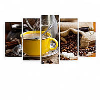 Модульна картина Чашка кави для кухні Настінний декор на кухню Друк на полотні 125х70 з 5 частин, фото 2