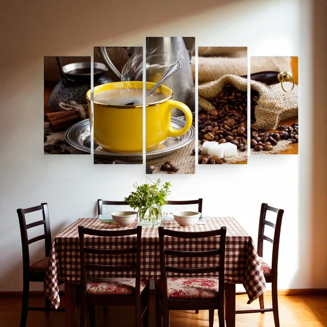 Модульна картина Чашка кави для кухні Настінний декор на кухню Друк на полотні 125х70 з 5 частин, фото 1