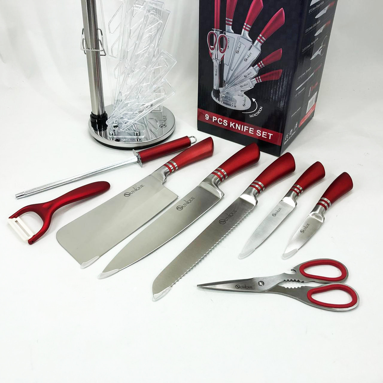 Кухонні ножі з хорошої сталі UNIQUE UN-1832 9 шт, Кухонний ніж зі сталі HI-704 нержавіючої сталі