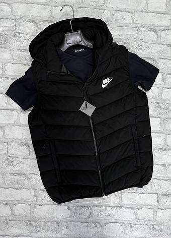 Чоловіча жилетка Nike чорна Найк спортивна безрукавка великі розміри, спорт жилет чоловічий з капюшоном, фото 2