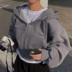 Жіноче худі на блискавці; Кольори: сірий меланж, молоко, чорний; Розміри — оверсайз (42-46) ;