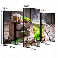 Модульна картина для кухні Чай Мята Дерев'яний фон Настінний декор в кухню Друк на полотні 90х70 із 3 частин, фото 4