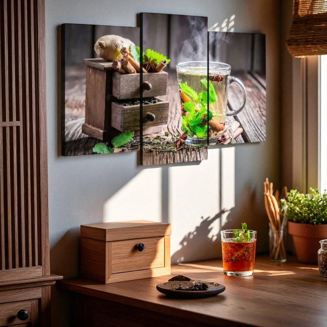 Модульна картина для кухні Чай Мята Дерев'яний фон Настінний декор в кухню Друк на полотні 90х70 із 3 частин, фото 1