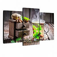 Модульна картина для кухні Чай Мята Дерев'яний фон Настінний декор в кухню Друк на полотні 90х70 із 3 частин, фото 2