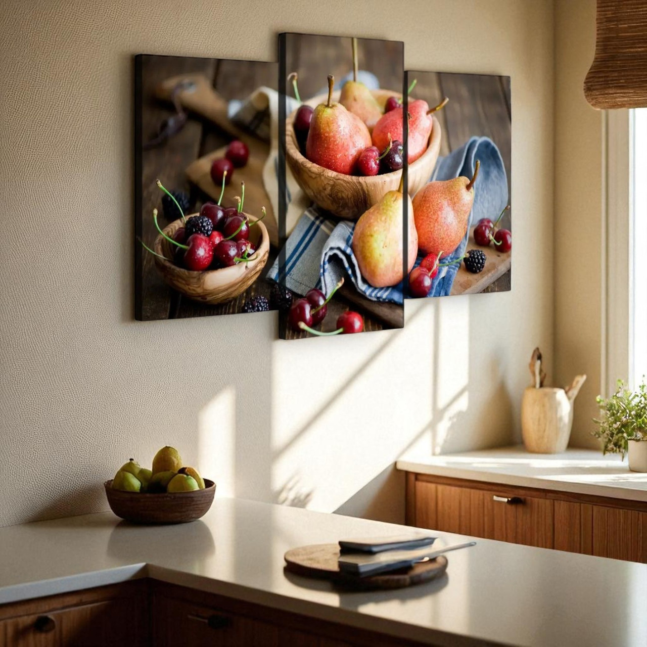 Картина для кухні Фрукти Натюрморт Настінний декор на кухню Друк на полотні 90х70 із 3-х частин, фото 1
