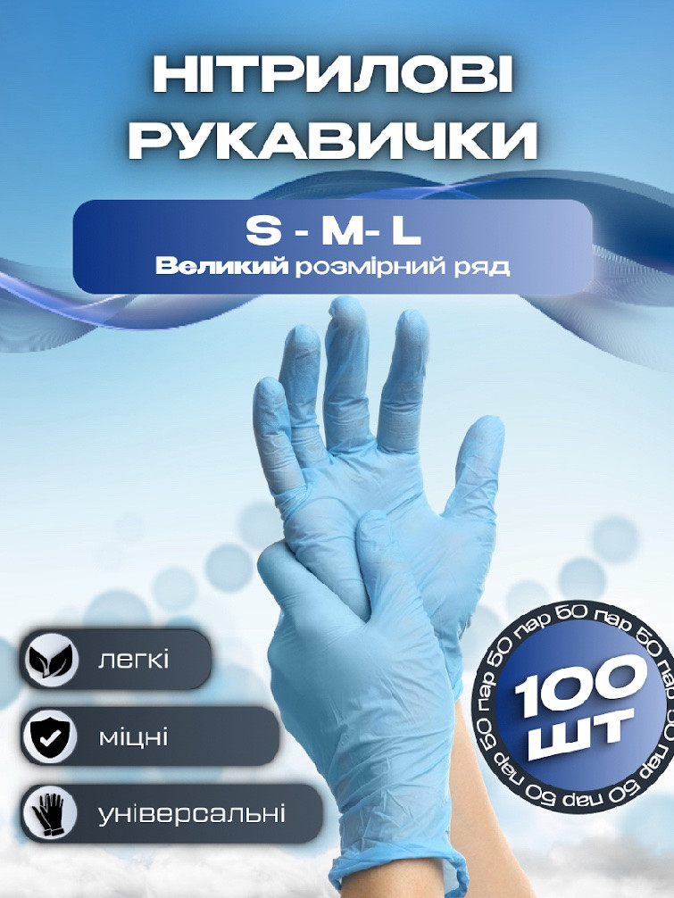 Нітрилові блакитні рукавички UNEX розмір L 4г., фото 1