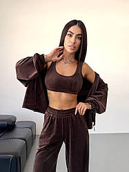 Зручний жіночий велюровий костюм трійка - кофта на блискавці, топ, штани палаццо Dch6171