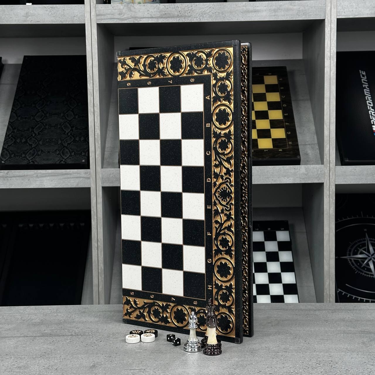 Шахи з каменю з текстурою чорного мармуру 58×28×2см, фото 1