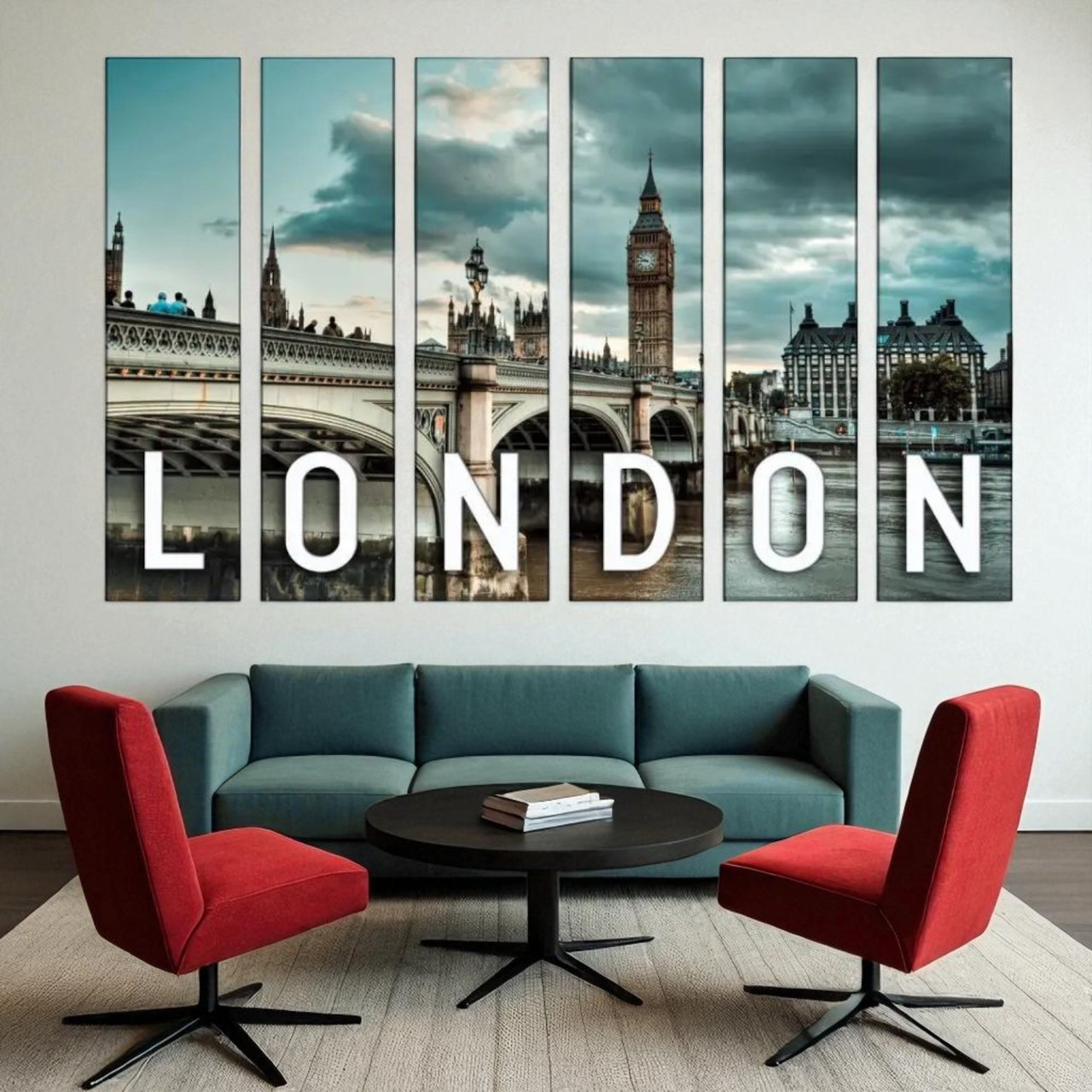 Місто Лондон, Міст, Біг-Бен Настінний декор в офіс Друк на полотні 126х85см з 6х частин, фото 1
