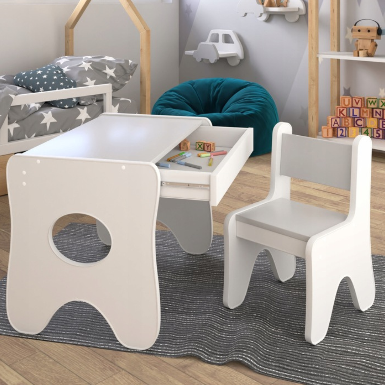 Набір дитячих меблів столик з ящиком та стільчик 70×45×51, стіл та стілець для дітей, білий з сірим, фото 1
