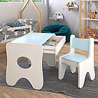 Набір дитячих меблів столик з ящиком та стільчик 70×45×51, стіл та стілець для дітей, білий з блакитник