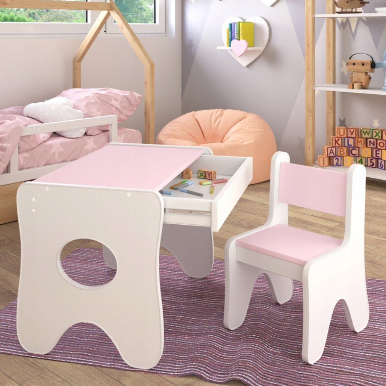 Набір дитячих меблів столик з ящиком та стільчик 70×45×51, стіл та стілець для дітей, білий з рожевим, фото 1