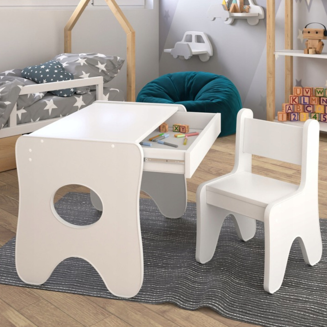 Набір дитячих меблів столик з ящиком та стільчик 70×45×51, стіл та стілець для дітей, білий, фото 1