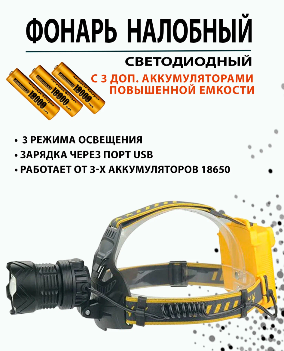 Налобний ліхтар Bailong PL-143, HT-804-P90, 3x18650, Type-C, Zoom, фото 1