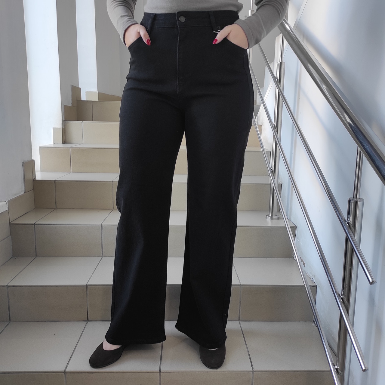 Джинси жіночі палаццо зі стрейчем прямі великі розміри 40 чорні, фото 1