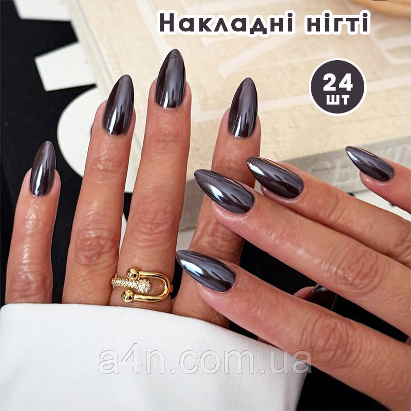Накладні нігті 24 шт. дзеркально-чорний + клей для нігтів, типси мигдаль для манікюру, фото 1